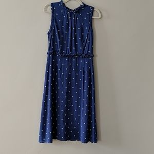 Blue dress with cream polka dots